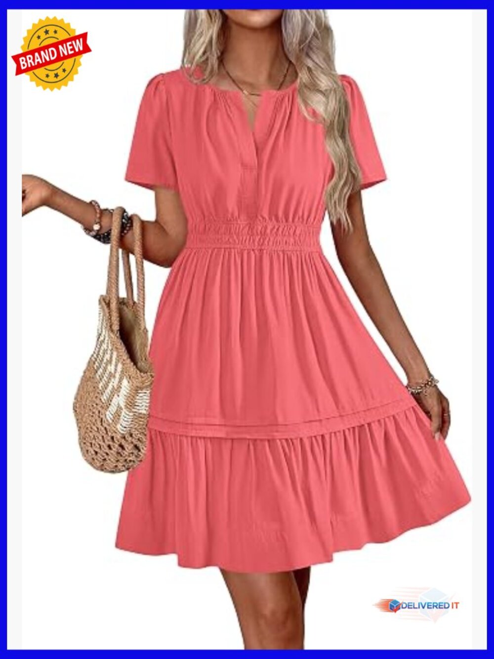 Boho V Neck Ruffle Mini Sundress with Pockets Flowy A Line